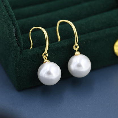 Sterling Silver Dangle Pearl Drop Hook Earrings, Simulated Pearl Earrings, Large Pearl Hook Earrings