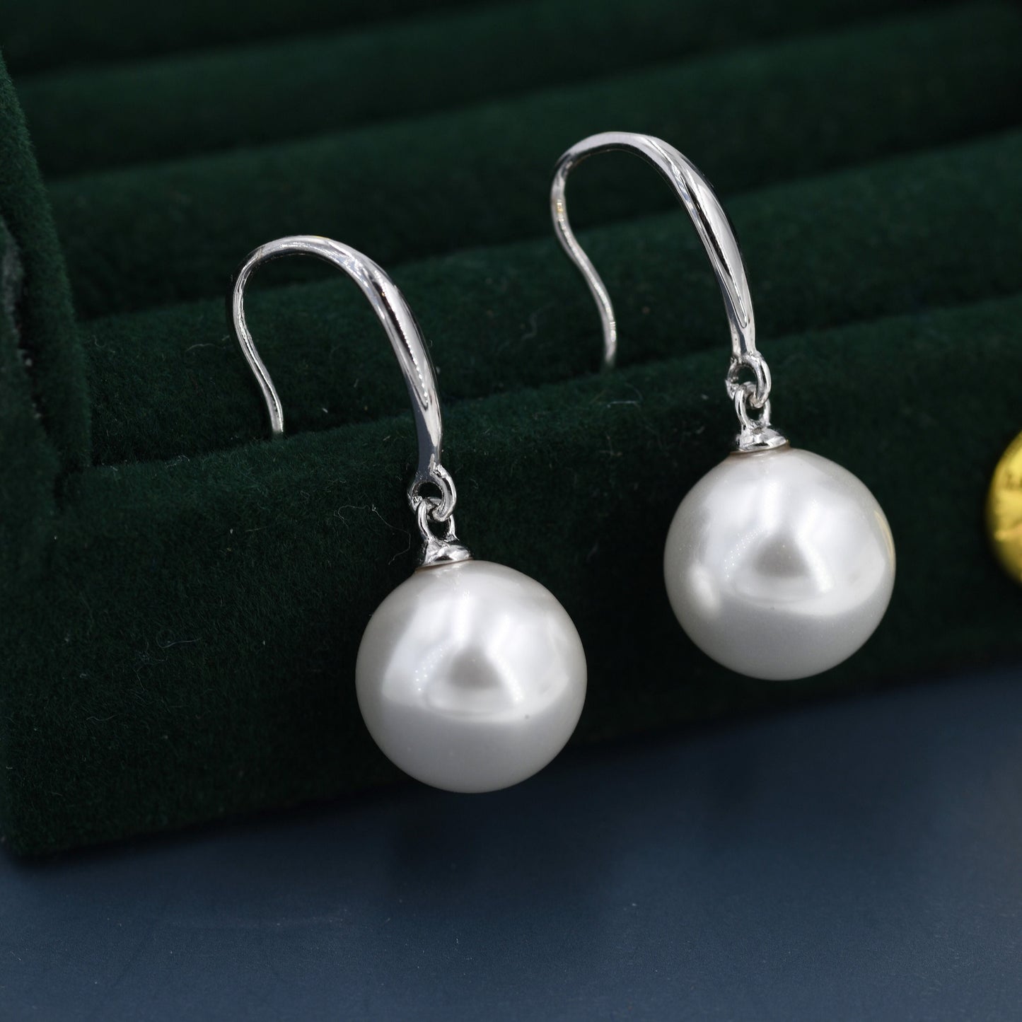 Sterling Silver Dangle Pearl Drop Hook Earrings, Simulated Pearl Earrings, Large Pearl Hook Earrings