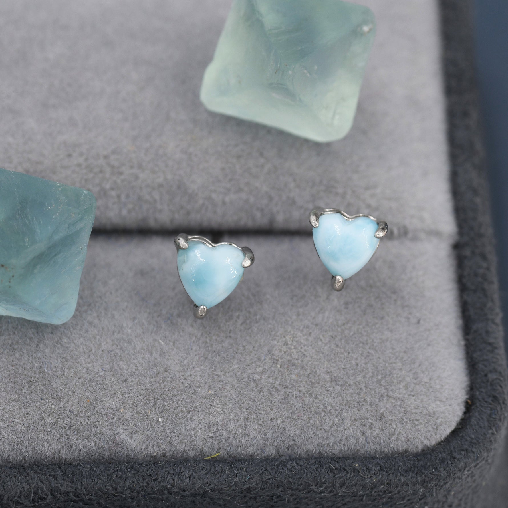 Genuine Larimar Stone Heart Stud Earrings in Sterling Silver, 4mm or 5mm Natural Larimar Heart Stud Earrings, Tiny Heart Earrings