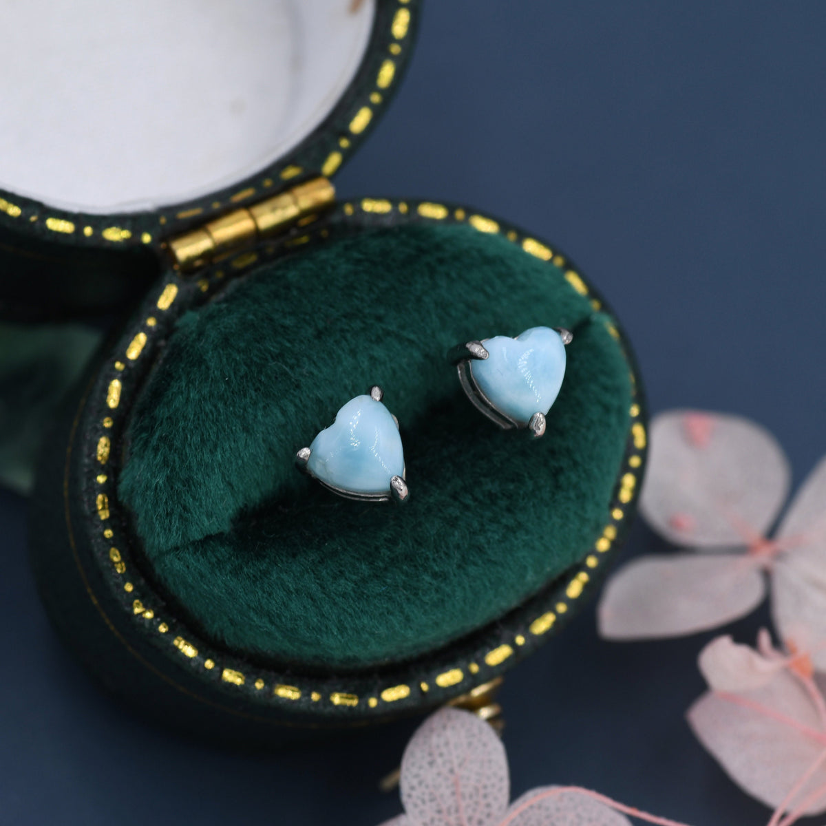 Genuine Larimar Stone Heart Stud Earrings in Sterling Silver, 4mm or 5mm Natural Larimar Heart Stud Earrings, Tiny Heart Earrings