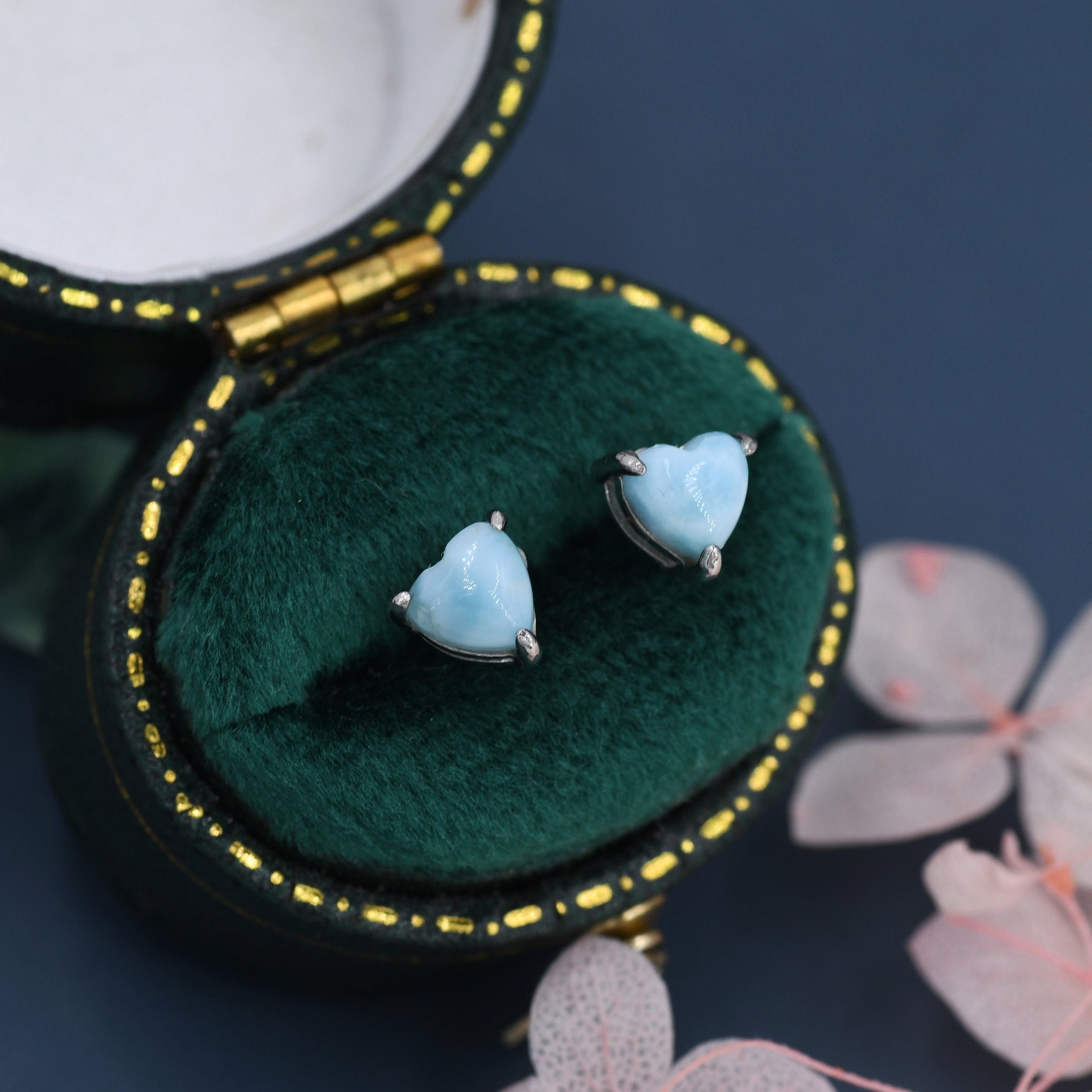 Genuine Larimar Stone Heart Stud Earrings in Sterling Silver, 4mm or 5mm Natural Larimar Heart Stud Earrings, Tiny Heart Earrings