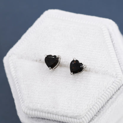 Genuine Smoky Quartz Crystal Heart Stud Earrings in Sterling Silver, 5mm Crystal, Heart Stud Earrings, Tiny Heart Earrings