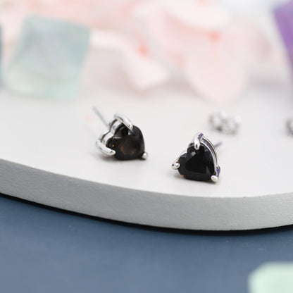 Genuine Smoky Quartz Crystal Heart Stud Earrings in Sterling Silver, 5mm Crystal, Heart Stud Earrings, Tiny Heart Earrings