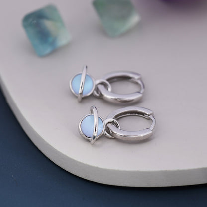 Little Planet Huggie Hoop Earrings in Sterling Silver - Simulated Moonstone, Detachable Charms, Cute, Fun, Whimsical and Pretty