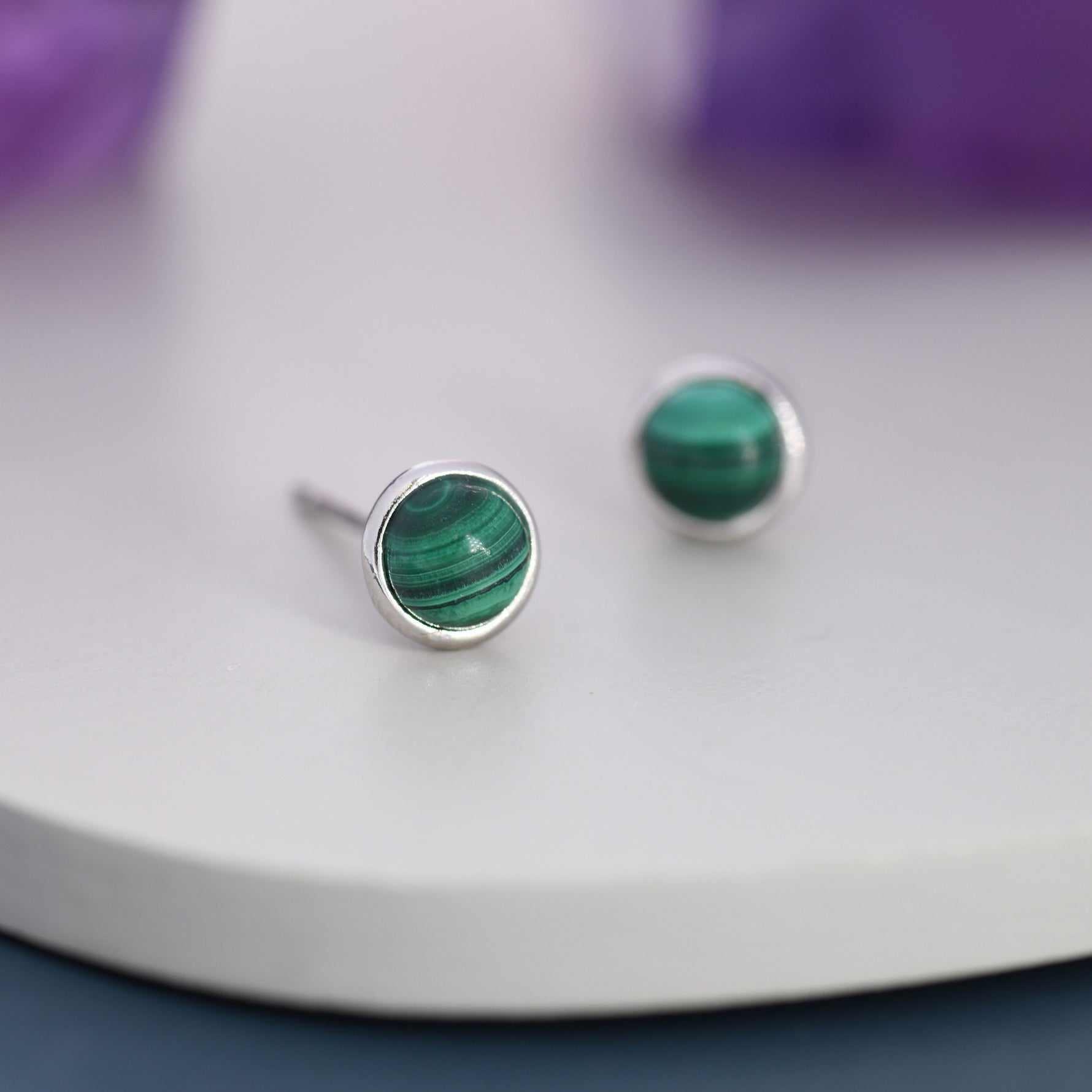 Natural Malachite Stone Stud Earrings in Sterling Silver - 5mm Genuine Malachite Stud Earrings - Semi Precious Gemstone