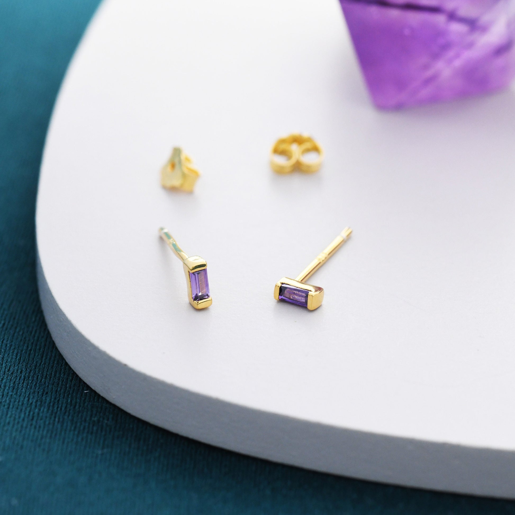 Lilac Purple Tiny Baguette CZ Stud Earrings in Sterling Silver, Silver or Gold, Geometric Tiny CZ Earrings, Stacking Earrings