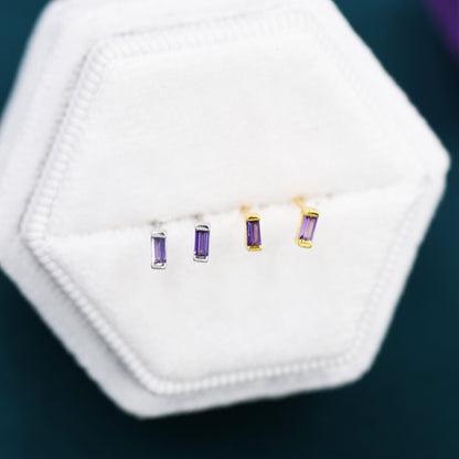 Lilac Purple Tiny Baguette CZ Stud Earrings in Sterling Silver, Silver or Gold, Geometric Tiny CZ Earrings, Stacking Earrings