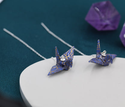 Japanese Paper Origami Crane Threader Earrings in Sterling Silver, Resin Sealed Genuine Japanese Washi Paper, Blue, Long Lasting Earrings