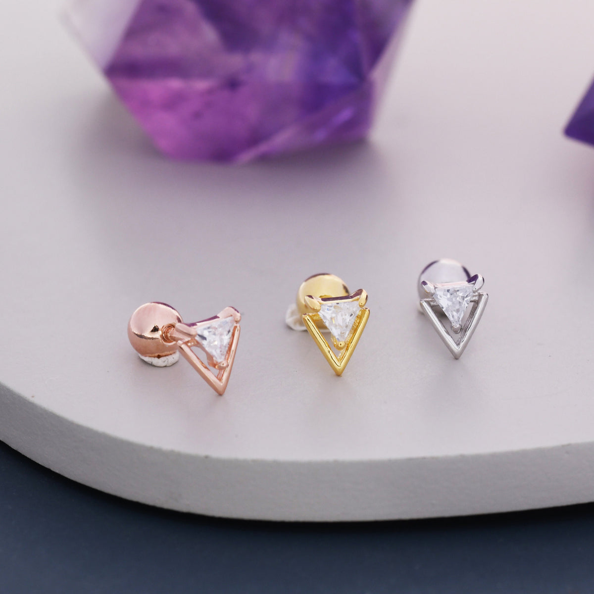 Tiny Double Triangle Arrow Arrowhead Screw back Earrings, Rose Gold over Sterling Silver, Chevron Geometric Minimalist Design, Screwback
