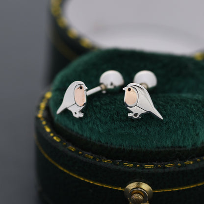 Extra Tiny Robin Screw back Earrings in Sterling Silver, Extra Tiny, Silver Robin Bird Cuff Earrings, Silver and Rose Gold, Nature Inspired