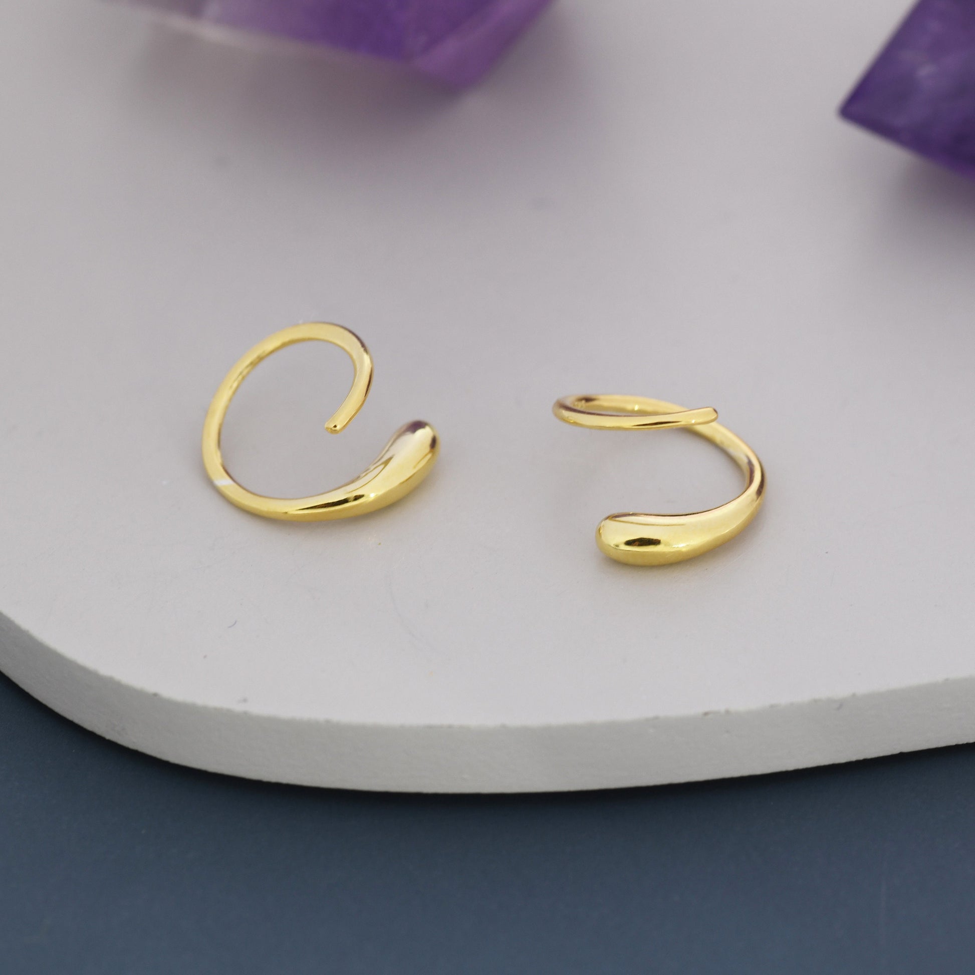 Spiral Hoop Earrings In Sterling Silver, Silver, Gold or Rose Gold, Minimalist Spiral Earrings, Droplet Hoops, Droplet Spirals