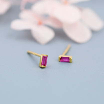 Ruby Red Tiny Baguette CZ Stud Earrings in Sterling Silver, Silver or Gold, Geometric Tiny Pink CZ Earrings, Stacking Earrings