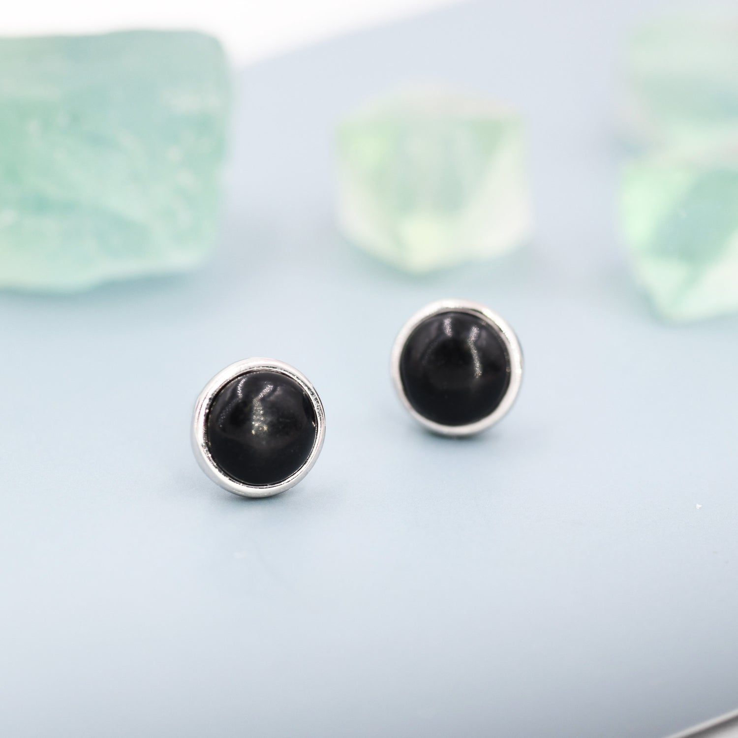 Genuine Black Onyx Stud Earrings in Sterling Silver, 4mm or 6mm, Cabochon Bezel Stud Earrings