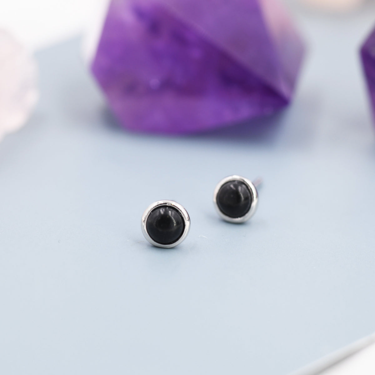 Genuine Black Onyx Stud Earrings in Sterling Silver, 4mm or 6mm, Cabochon Bezel Stud Earrings