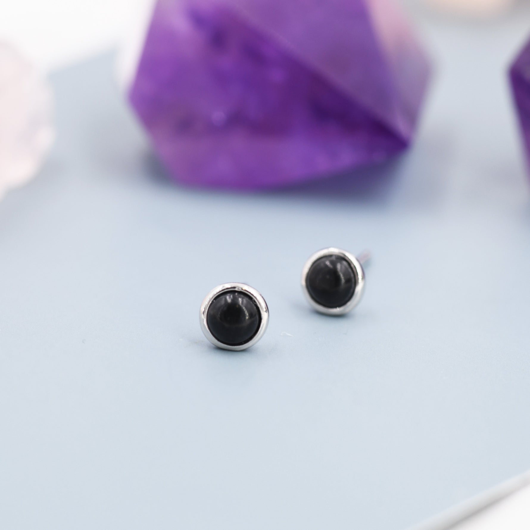 Genuine Black Onyx Stud Earrings in Sterling Silver, 4mm or 6mm, Cabochon Bezel Stud Earrings