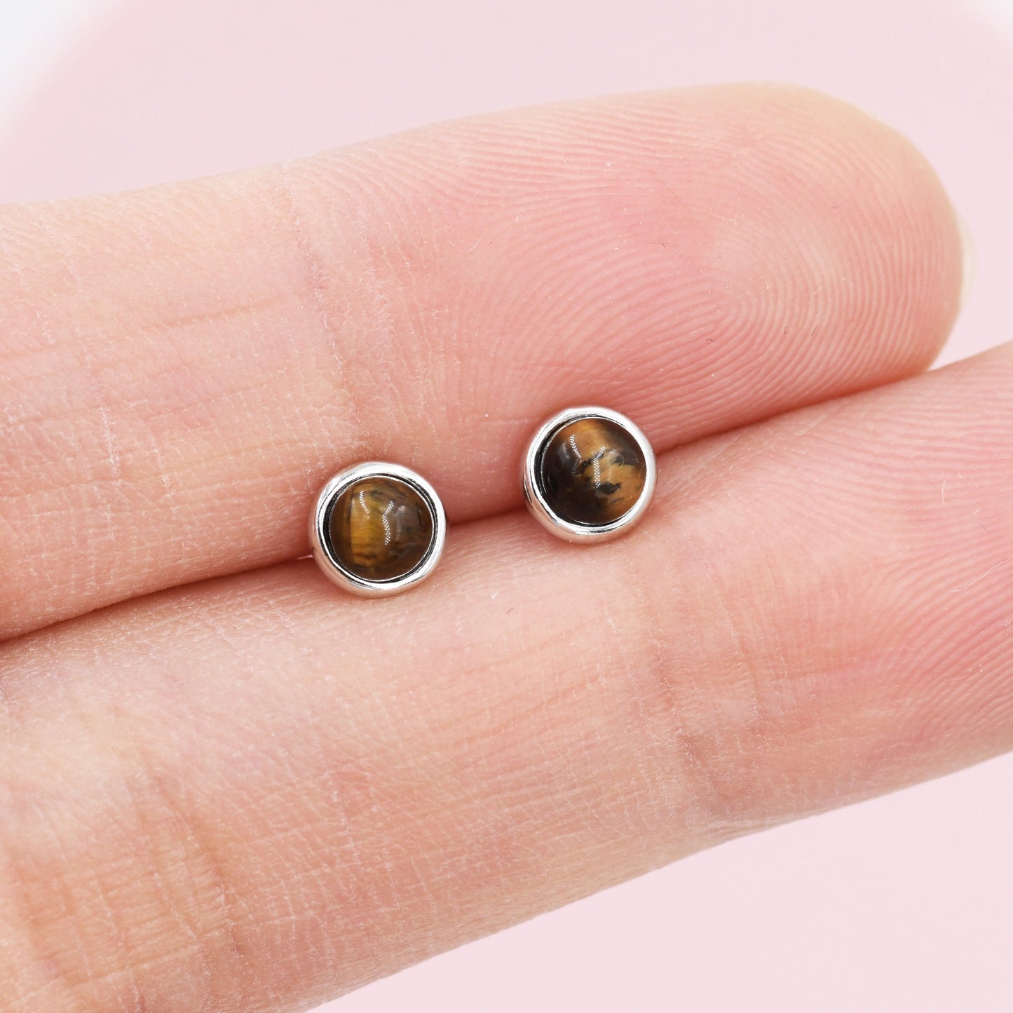 Genuine Tiger&#39;s  Eye Stud Earrings in Sterling Silver, 4mm, Cabochon Bezel Stud Earrings, Tiger Eye Stone