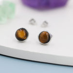 Genuine Tiger's Eye Stud Earrings in Sterling Silver, 6mm, Cabochon Bezel Stud Earrings, Tiger Eye Stone Earrings