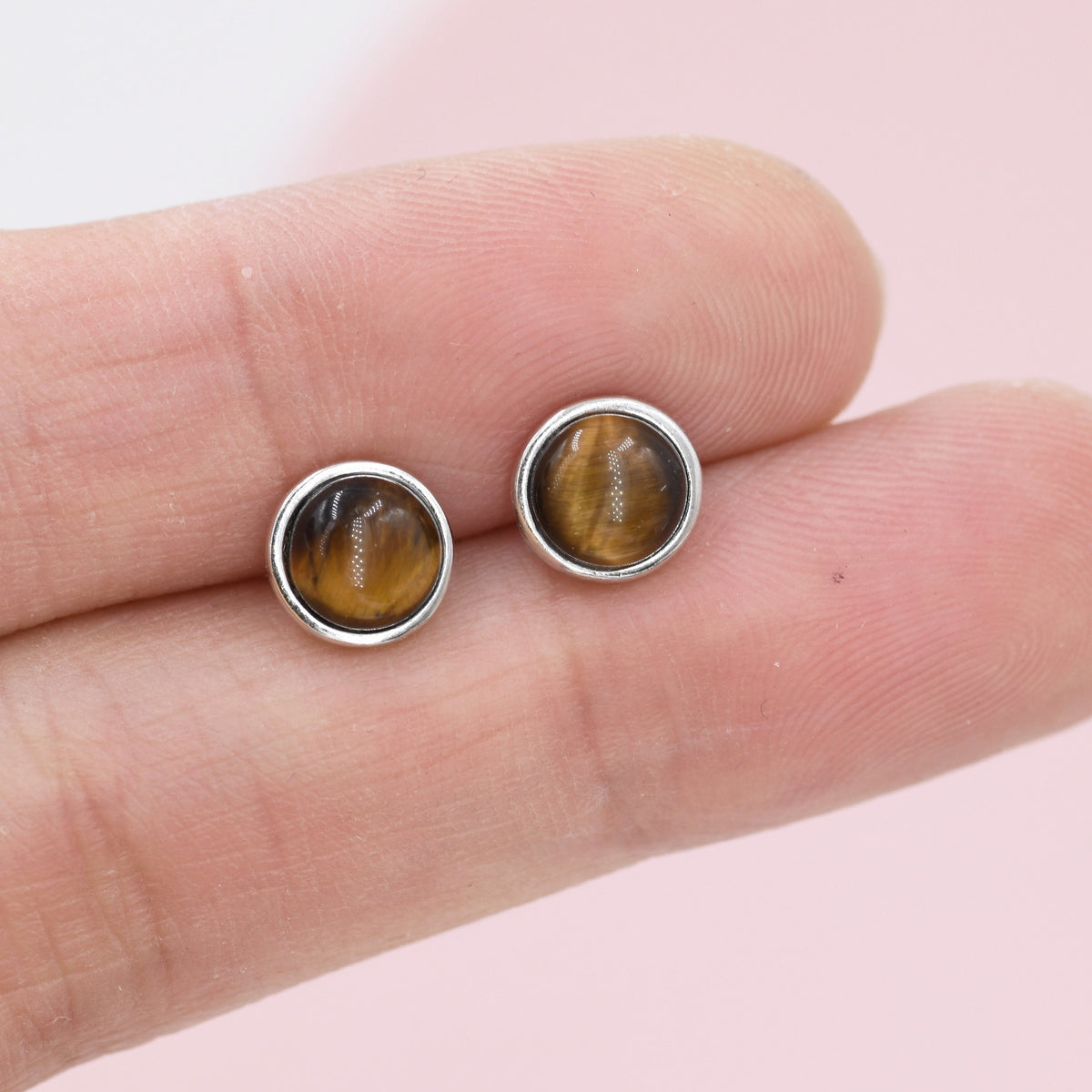 Genuine Tiger's Eye Stud Earrings in Sterling Silver, 6mm, Cabochon Bezel Stud Earrings, Tiger Eye Stone Earrings