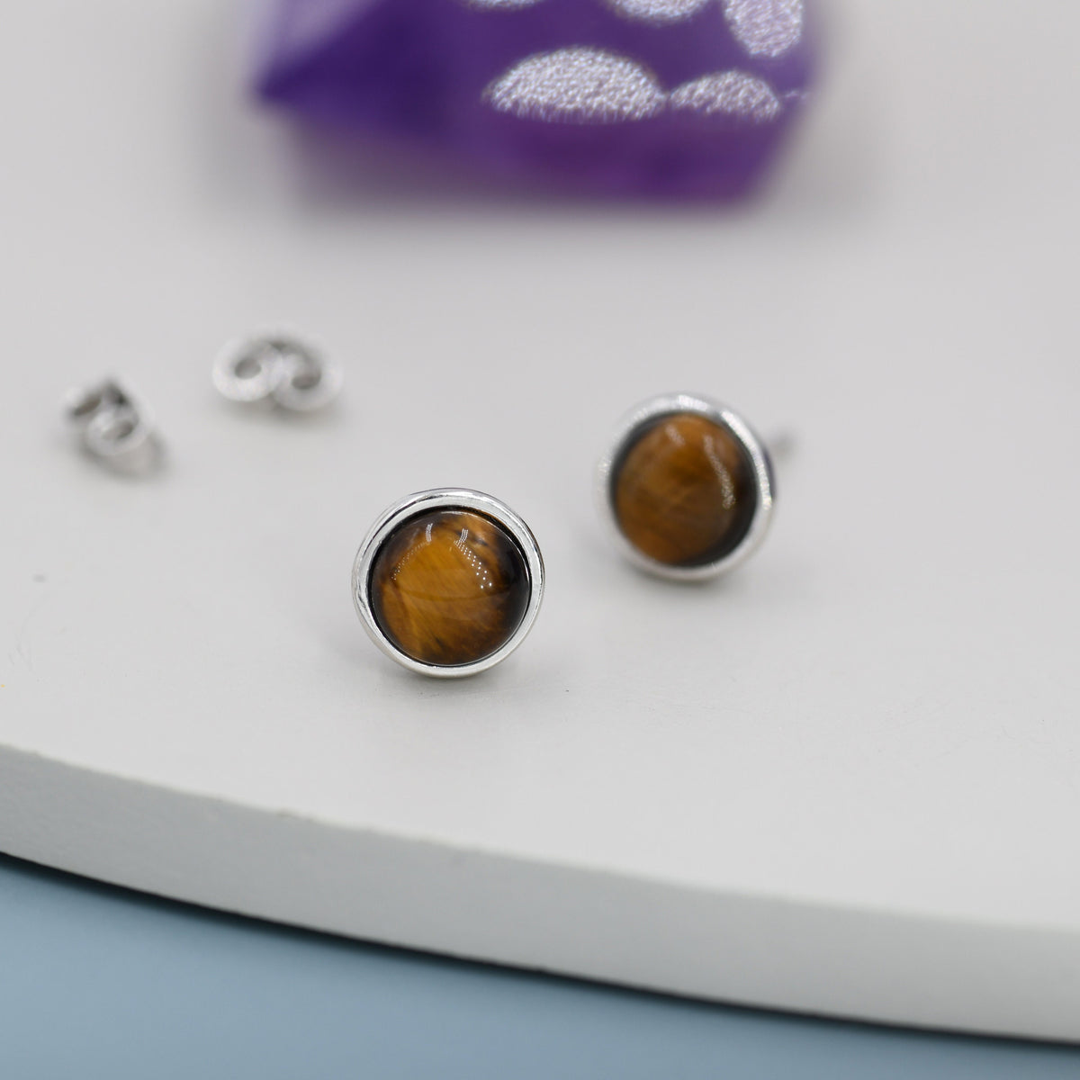 Genuine Tiger's Eye Stud Earrings in Sterling Silver, 6mm, Cabochon Bezel Stud Earrings, Tiger Eye Stone Earrings