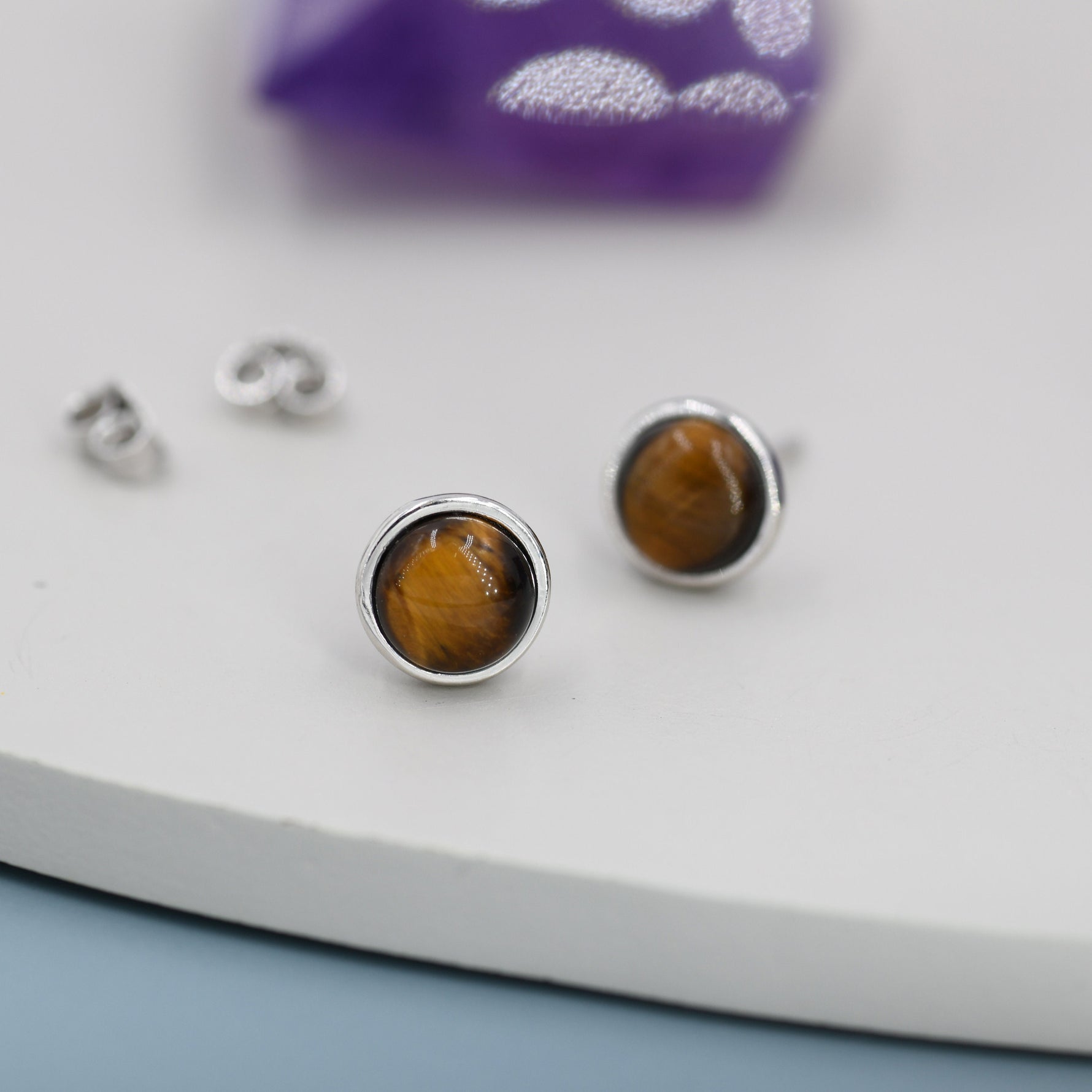 Genuine Tiger's Eye Stud Earrings in Sterling Silver, 6mm, Cabochon Bezel Stud Earrings, Tiger Eye Stone Earrings