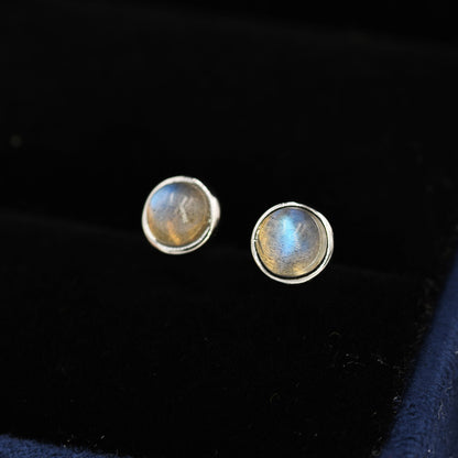 Genuine Labradorite Earrings in Sterling Silver, 4mm or 5mm, Cabochon Bezel Stud Earrings