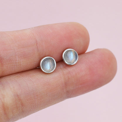 Genuine Labradorite Earrings in Sterling Silver, 4mm or 5mm, Cabochon Bezel Stud Earrings