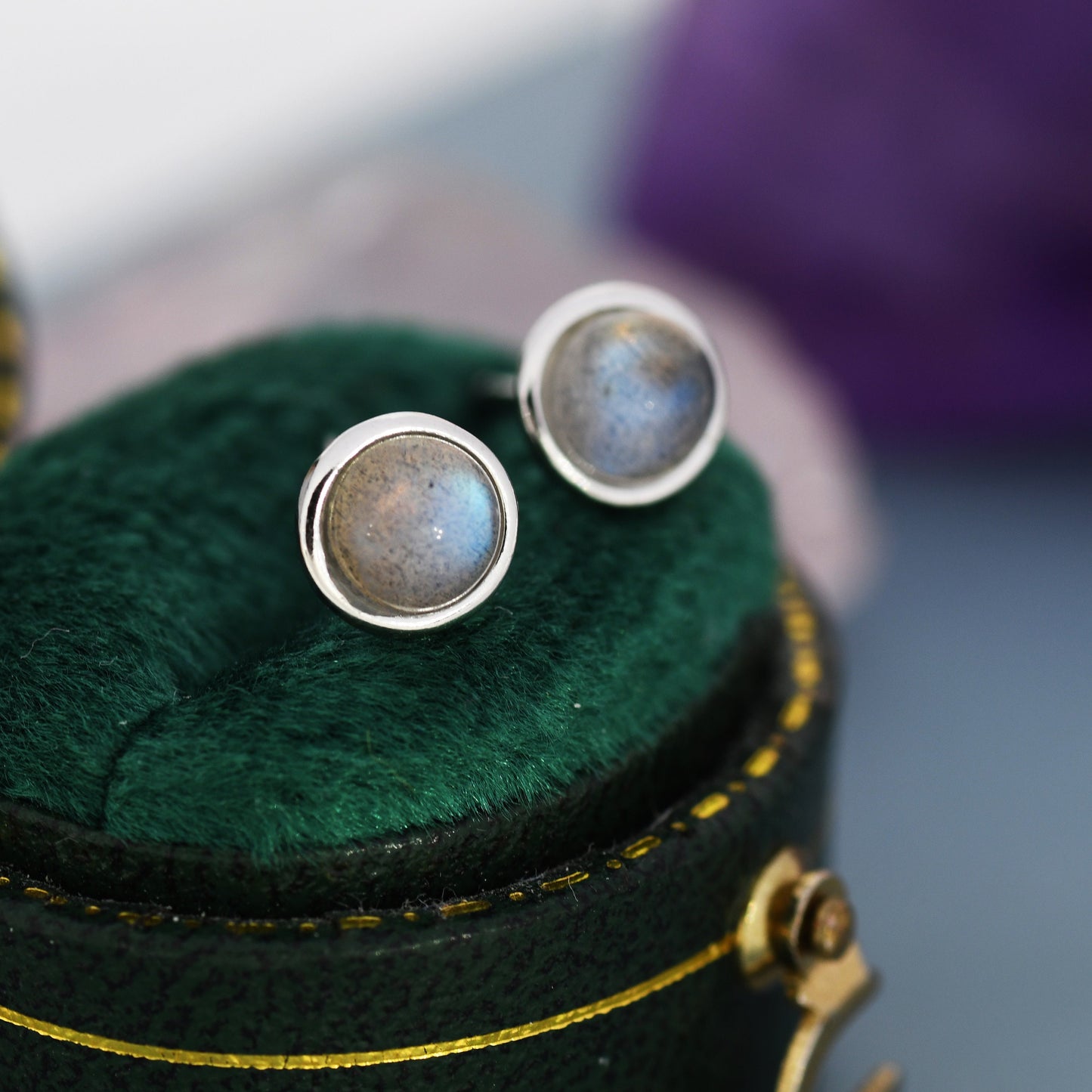 Genuine Labradorite Earrings in Sterling Silver, 4mm or 5mm, Cabochon Bezel Stud Earrings