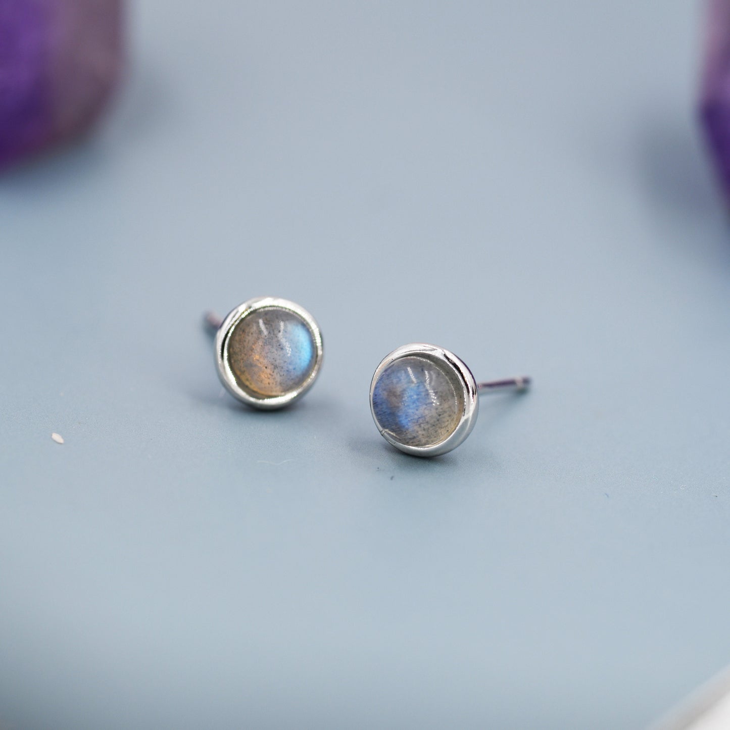 Genuine Labradorite Earrings in Sterling Silver, 4mm or 5mm, Cabochon Bezel Stud Earrings