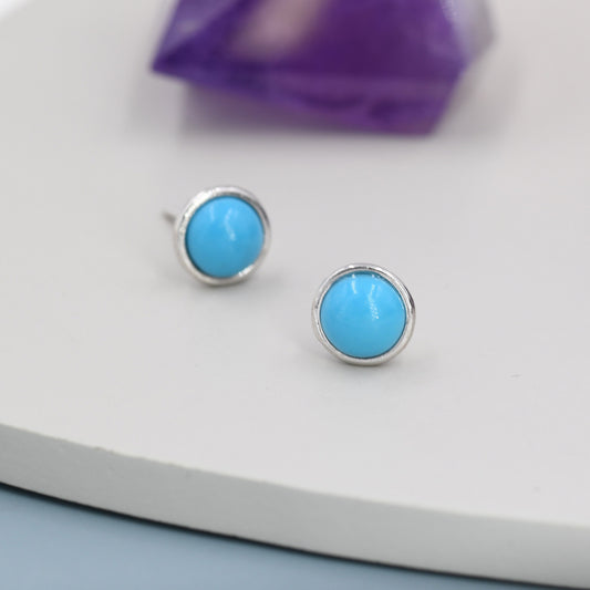 Sterling Silver Turquoise Stud Earrings, 6mm or 7mm, Genuine Turquoise Gemstone Stud, Bezel, Minimalist Style, December Birthstone