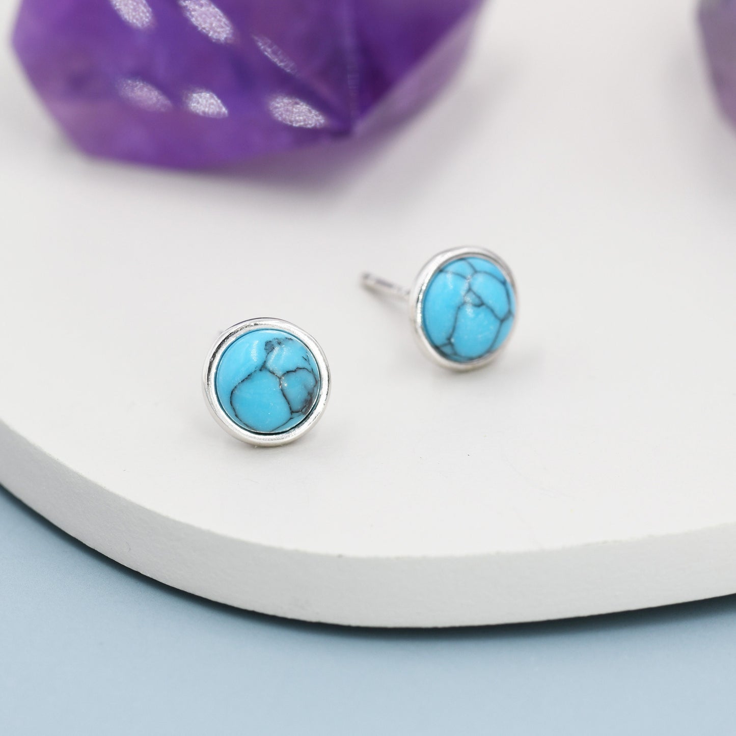 Sterling Silver Turquoise Stud Earrings,4mm, 5mm or 6mm, Genuine Turquoise Gemstone Stud, Bezel, Minimalist Style, December Birthstone