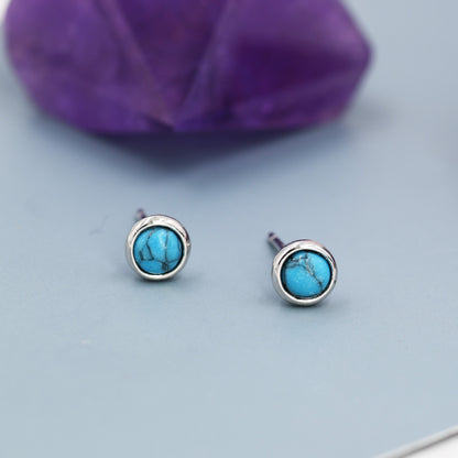 Sterling Silver Turquoise Stud Earrings,4mm, 5mm or 6mm, Genuine Turquoise Gemstone Stud, Bezel, Minimalist Style, December Birthstone
