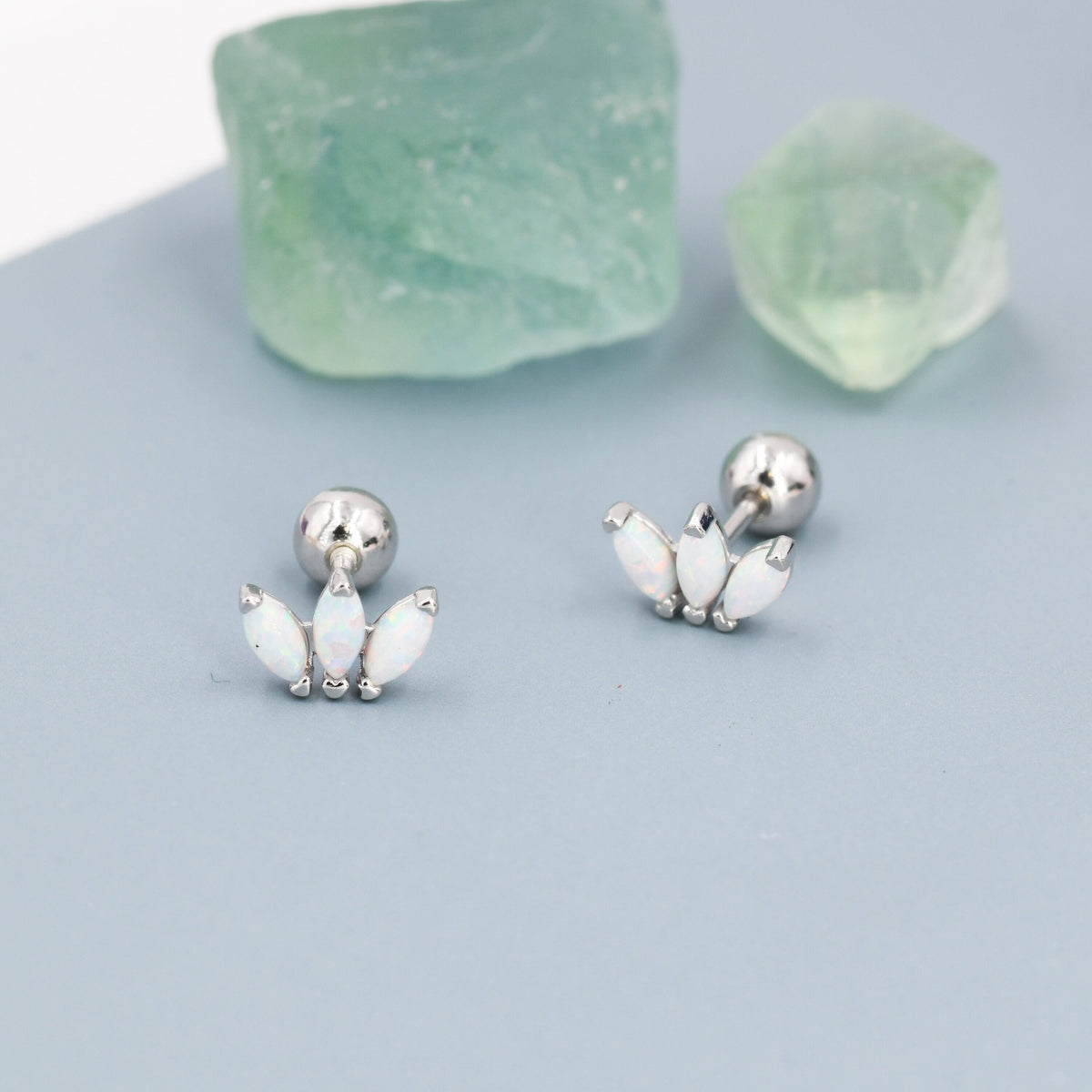 Sterling Silver White Opal Marquise Cluster Screw Back Earrings, Marquise Fan Stud, Opal Crown Stud, Silver, Gold or Rose Gold, Minimalist