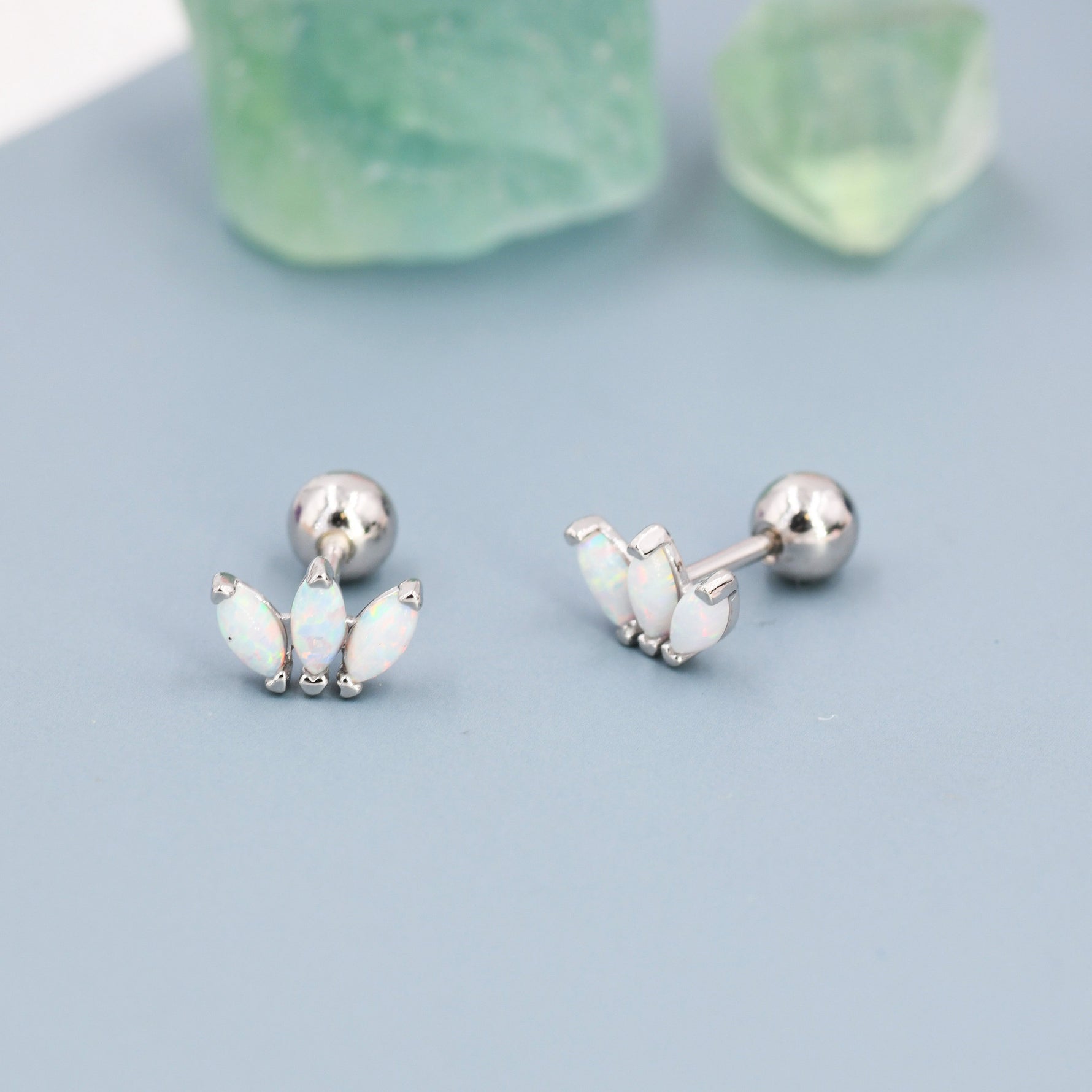 Sterling Silver White Opal Marquise Cluster Screw Back Earrings, Marquise Fan Stud, Opal Crown Stud, Silver, Gold or Rose Gold, Minimalist