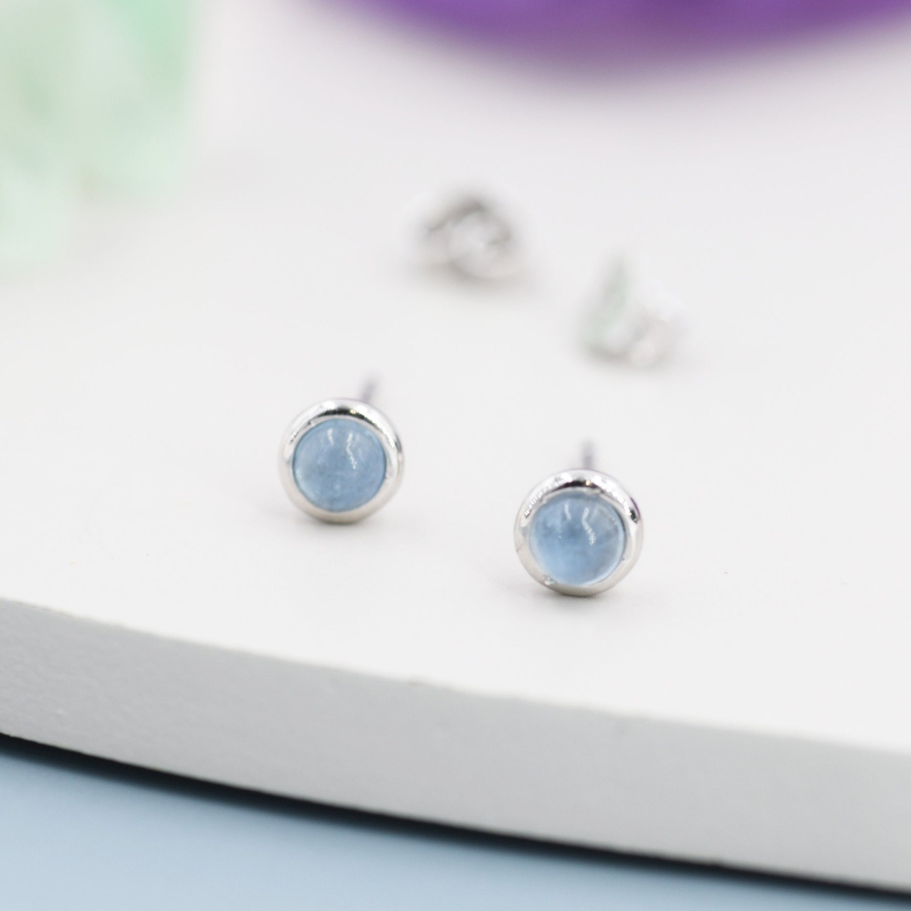 Sterling Silver Tiny Aquamarine Stud Earrings, 3mm Genuine Aquamarine Stone, Semi-precious Jewellery