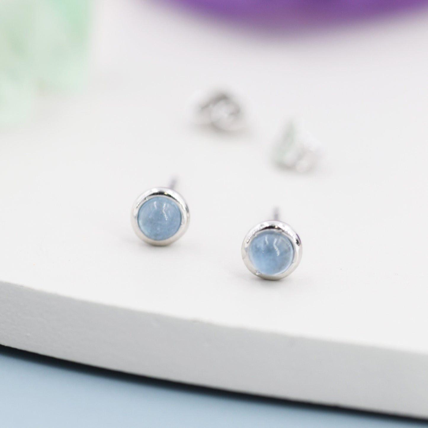 Sterling Silver Aquamarine Bezel Stud Earrings, 4mm Genuine Aquamarine Stone, Semi-precious Jewellery