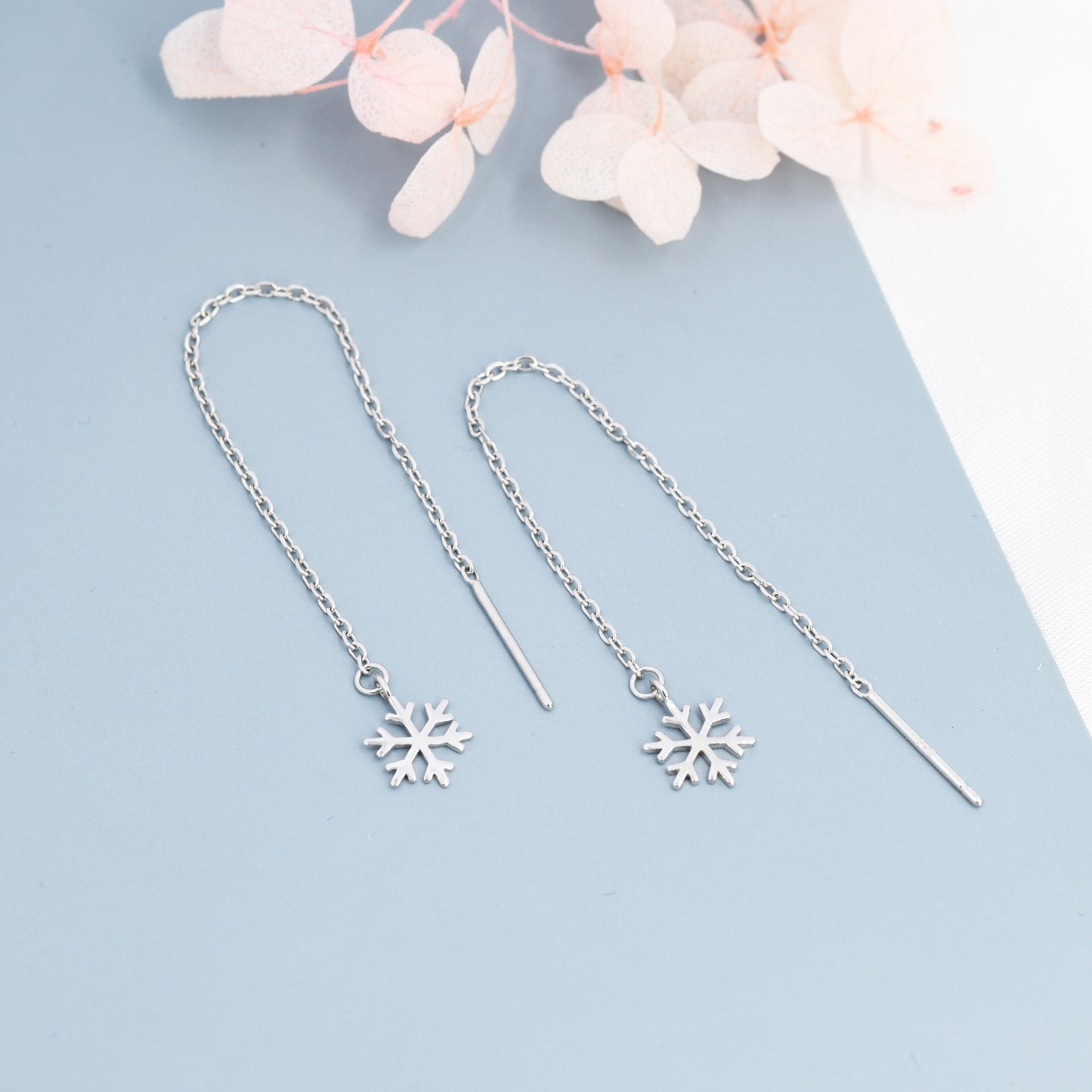 Snowflake Threader Earrings in Sterling Silver, Snow Flake Threaders, Silver, Gold or Rose Gold, Long Threaders