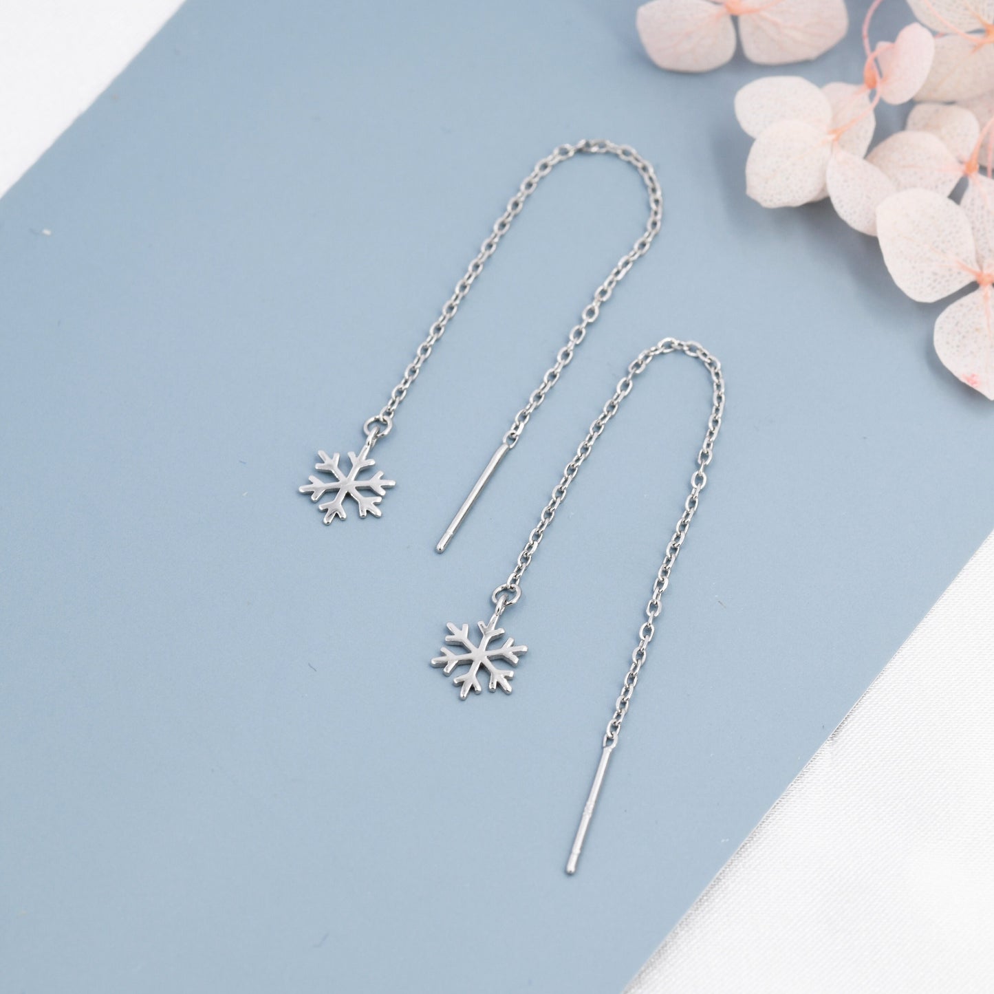 Snowflake Threader Earrings in Sterling Silver, Snow Flake Threaders, Silver, Gold or Rose Gold, Long Threaders