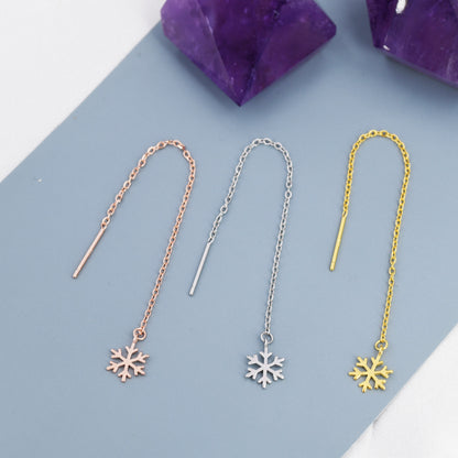 Snowflake Threader Earrings in Sterling Silver, Snow Flake Threaders, Silver, Gold or Rose Gold, Long Threaders