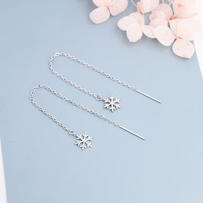 Snowflake Threader Earrings in Sterling Silver, Snow Flake Threaders, Silver, Gold or Rose Gold, Long Threaders