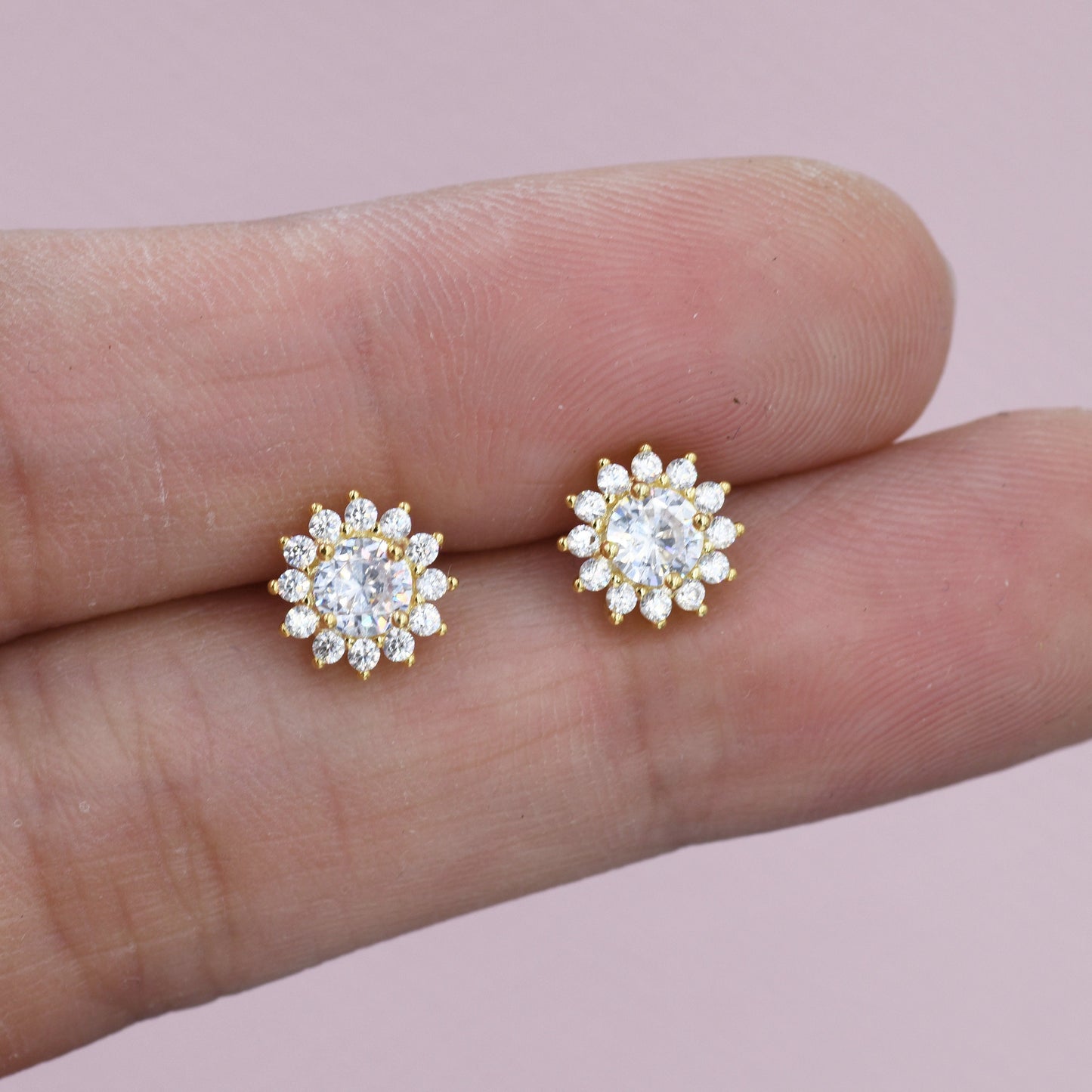 CZ Flower Stud Earrings in Sterling Silver, Gold or Silver, Simulated Diamond Snowflake Earrings