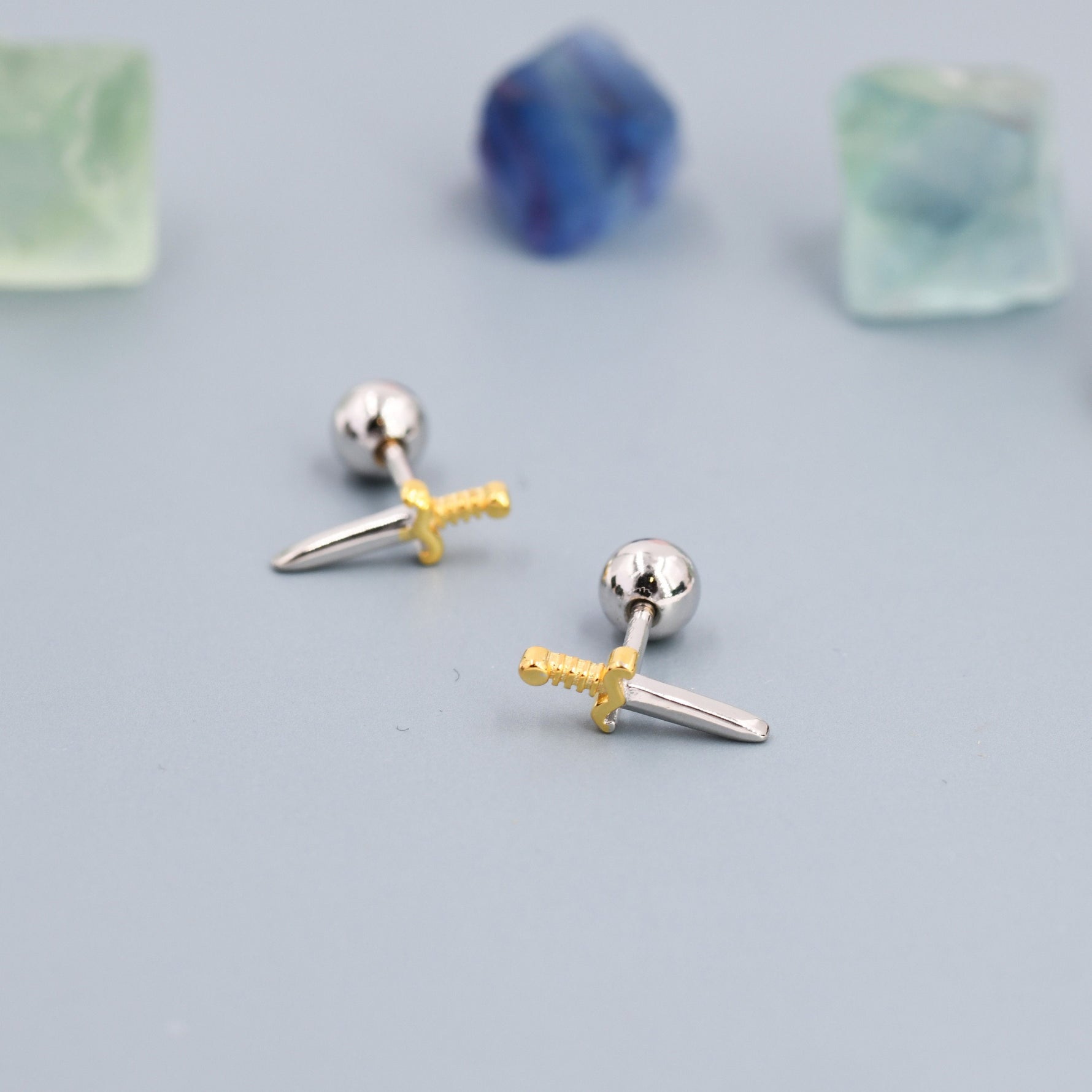 Tiny Little Dagger Sword 18G Screw Back Earrings in Sterling Silver