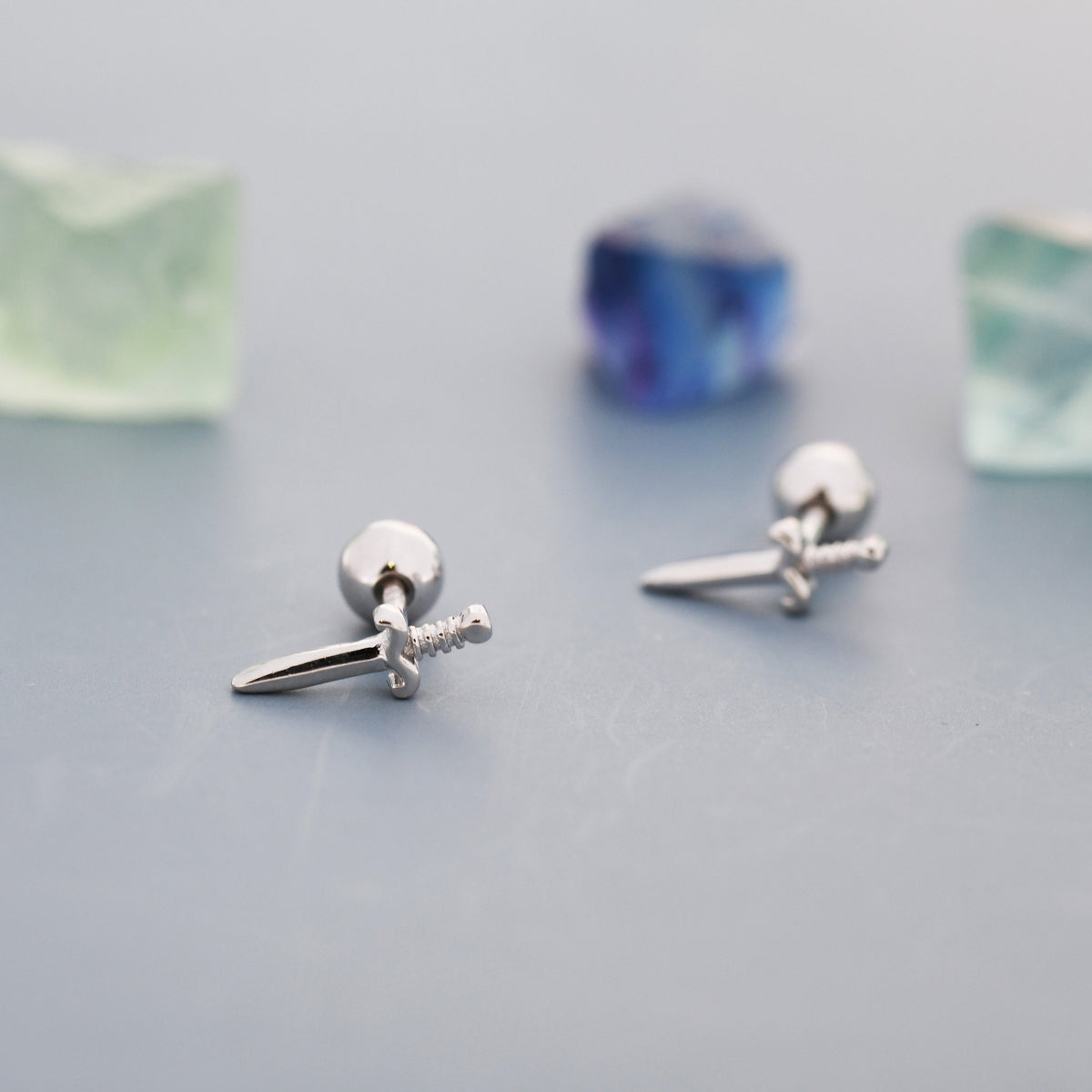 Tiny Little Dagger Sword 18G Screw Back Earrings in Sterling Silver