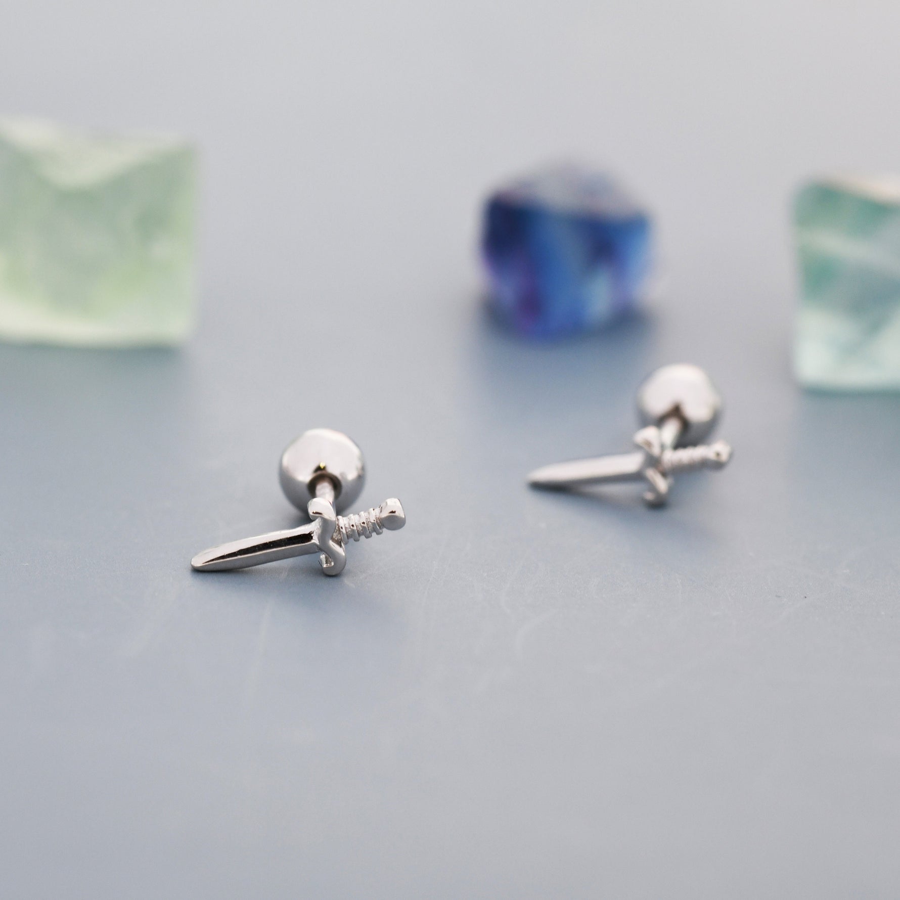 Tiny Little Dagger Sword 18G Screw Back Earrings in Sterling Silver
