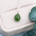 Genuine Jade Stone Pear Necklace in Sterling Silver, Droplet Cabochon Natural Jade Stone Necklace