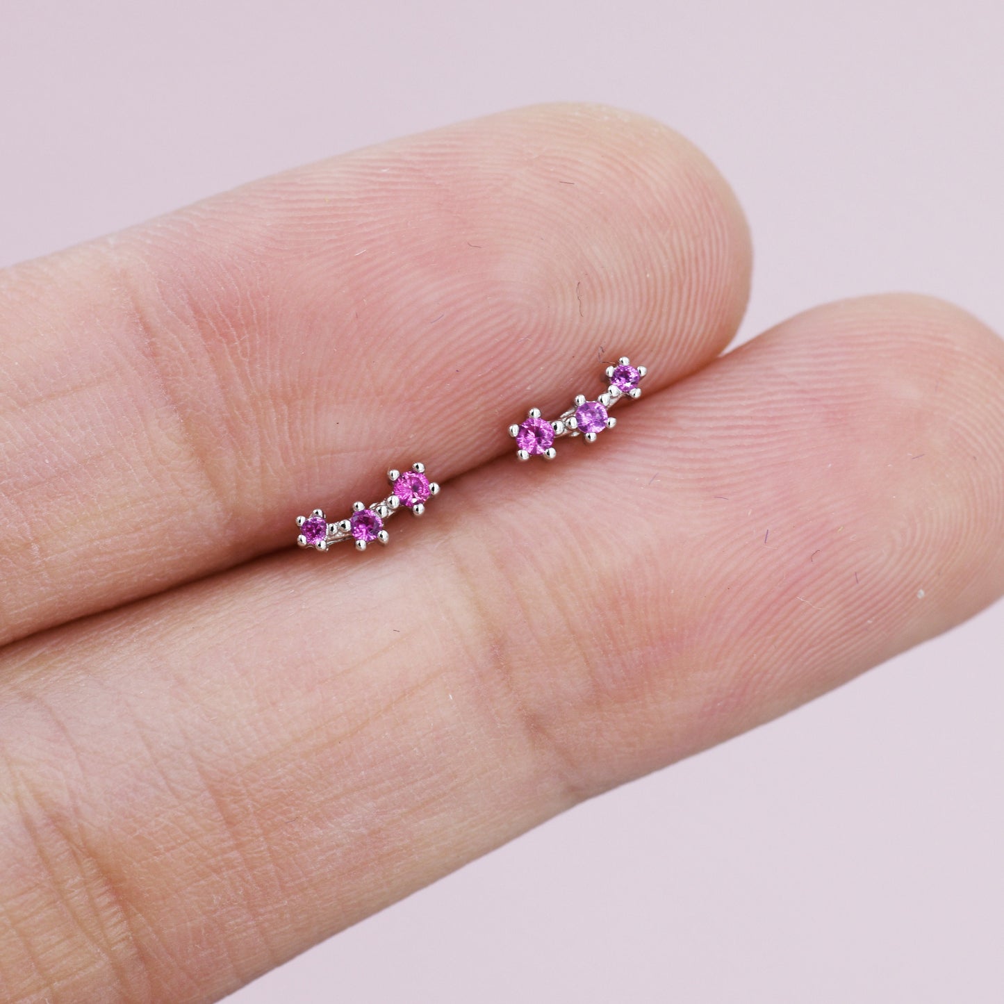 Extra Tiny Ruby Pink CZ Trio Stud Earrings in Sterling Silver, Silver or Gold, Geometric Tiny Three Star CZ Earrings, Stacking Earrings