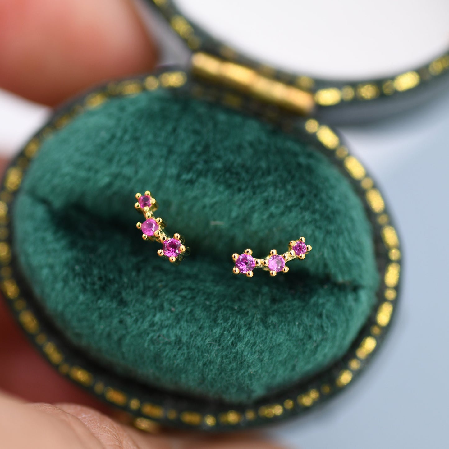 Extra Tiny Ruby Pink CZ Trio Stud Earrings in Sterling Silver, Silver or Gold, Geometric Tiny Three Star CZ Earrings, Stacking Earrings