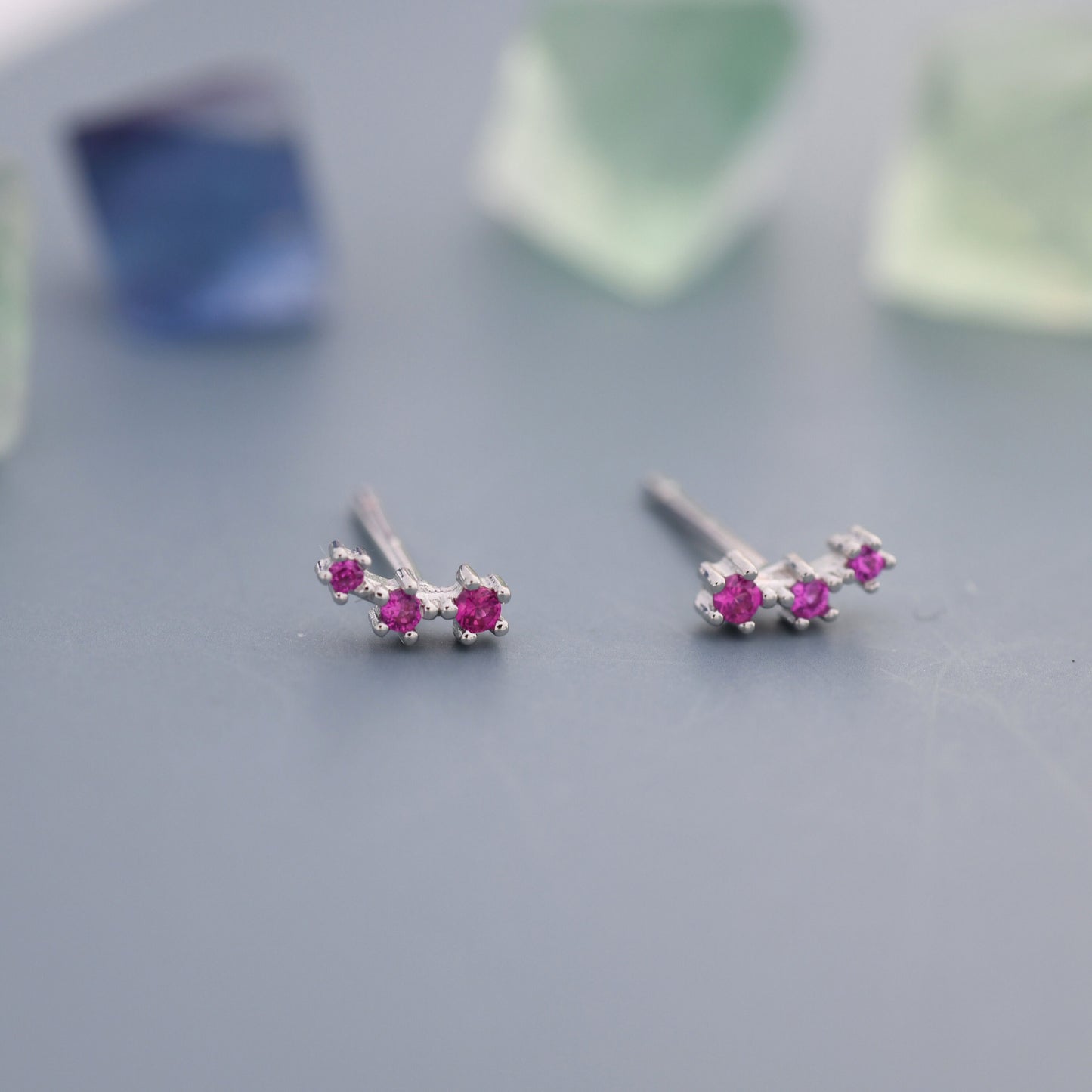 Extra Tiny Ruby Pink CZ Trio Stud Earrings in Sterling Silver, Silver or Gold, Geometric Tiny Three Star CZ Earrings, Stacking Earrings