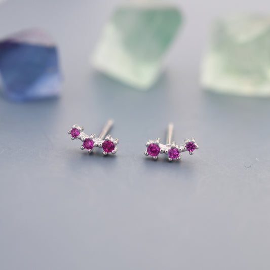 Extra Tiny Ruby Pink CZ Trio Stud Earrings in Sterling Silver, Silver or Gold, Geometric Tiny Three Star CZ Earrings, Stacking Earrings