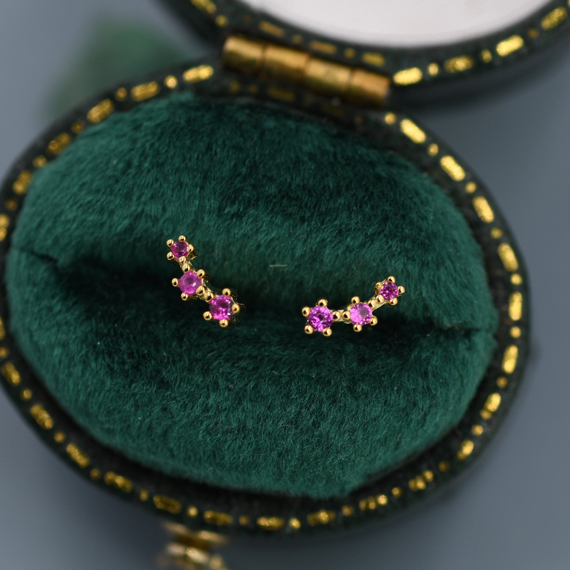 Extra Tiny Ruby Pink CZ Trio Stud Earrings in Sterling Silver, Silver or Gold, Geometric Tiny Three Star CZ Earrings, Stacking Earrings