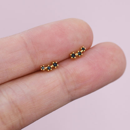 Extra Tiny Black CZ Trio Stud Earrings in Sterling Silver, Silver or Gold, Geometric Tiny Three Star CZ Earrings, Stacking Earrings